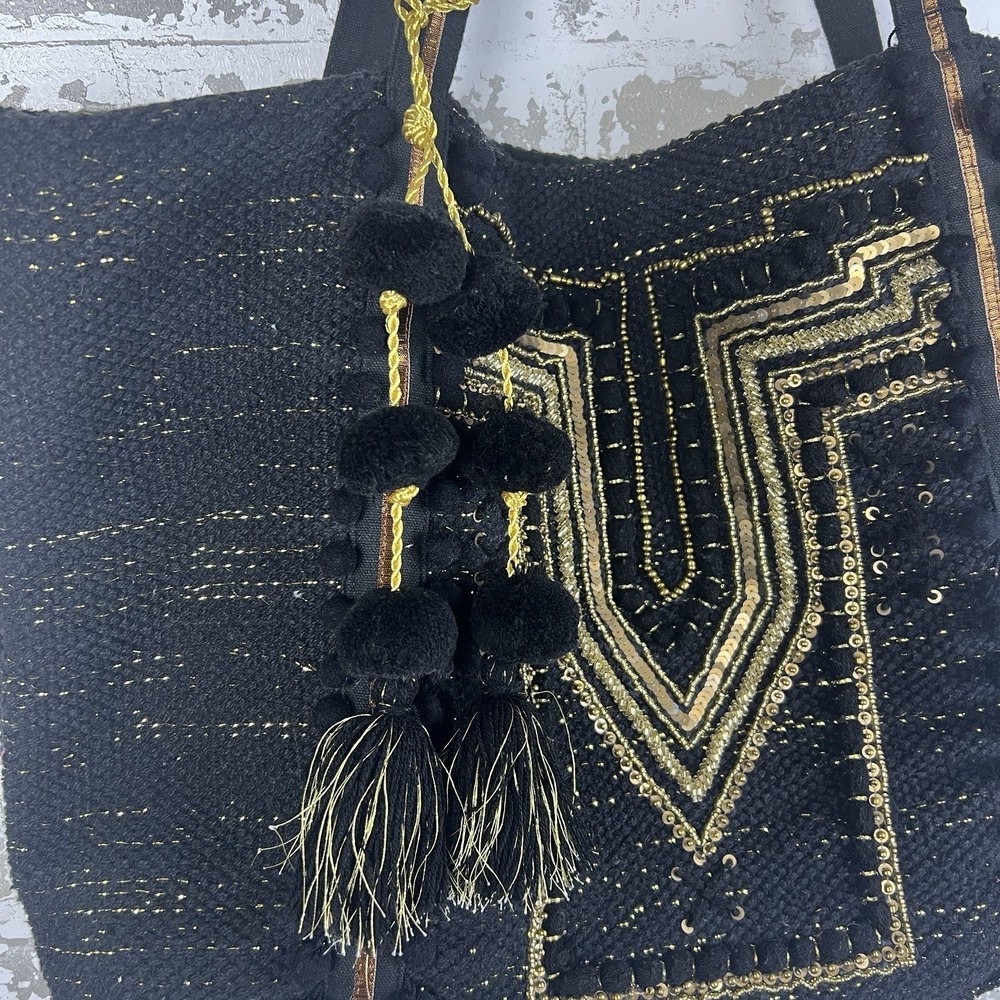 America & Beyond Luxe Love Tote Large Black Gold Pom Poms Tassels Metallic Spark - Picture 16 of 16